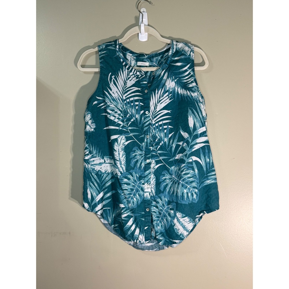 C&C California 100% Linen Tropical Palm Print Sleeveless Button Down Top Teal M